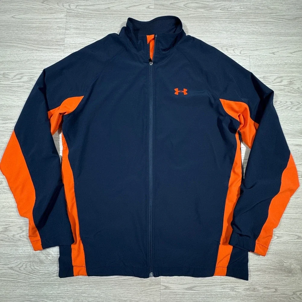 Under Armour Mens Track‎ Jacket Navy Blue Orange Large Full Zip Windbreaker Coat